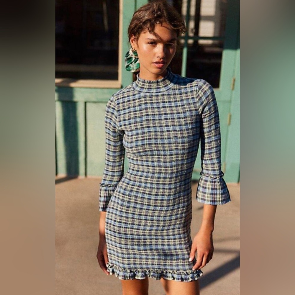 Blue Plaid Ruffle-Hem Knit Dress Great For Work Or Evening Out! So Comfortable!